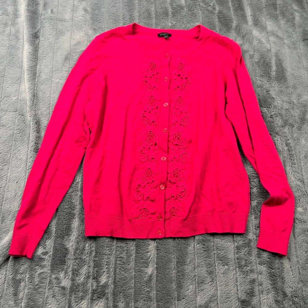 Talbots Womens Pink Eyelet Embroidered Button Front Cardigan Sweater Large